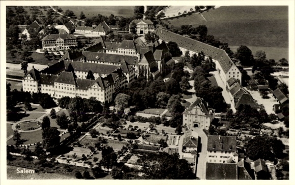 Postcard Salem in the Bodenseekreis Baden, aerial view of a large building complex, gardens, forest