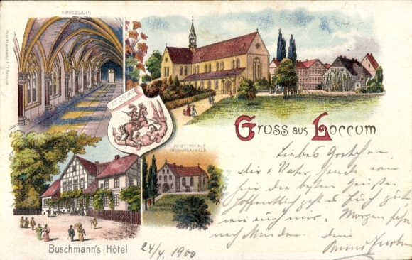 Litho Rehburg Loccum in Niedersachsen, Buschmann's Hotel, Haupttor mit Georgskapelle, Kreuzgang