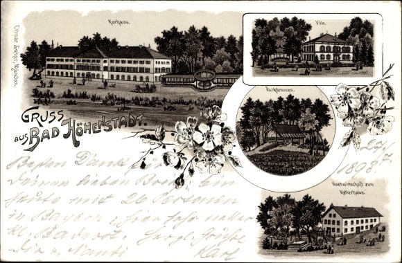 Litho Bad Höhenstadt Fürstenzell in het district Passau in Neder-Beieren, Kurhaus, herberg z. kelder huis