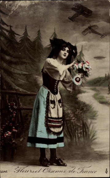 PC Alsatian woman in traditional costume, French military aircraft, WWI