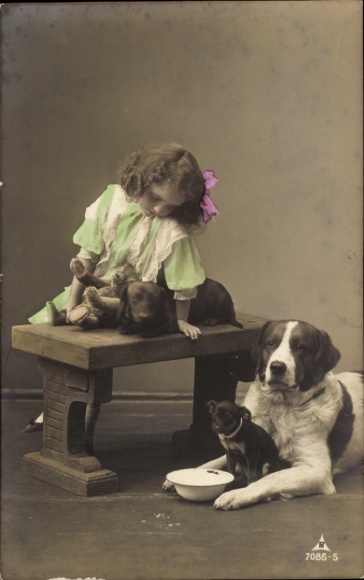 Ak Mädchen und drei Hunde, Tisch