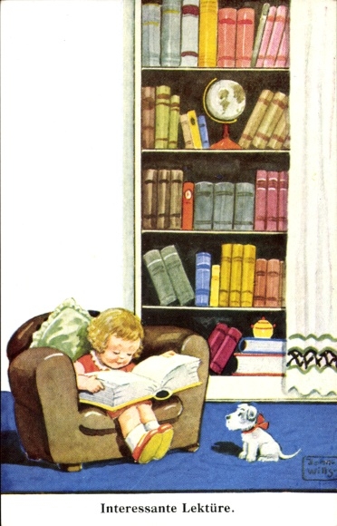Artist Postcard Wills, John, Girl in armchair, thick book, dog