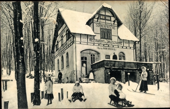 Ak Steinbüschel Ehrenfriedersdorf im Erzgebirge, Restaurant zur Jagdschänke, Winter, Schlitten