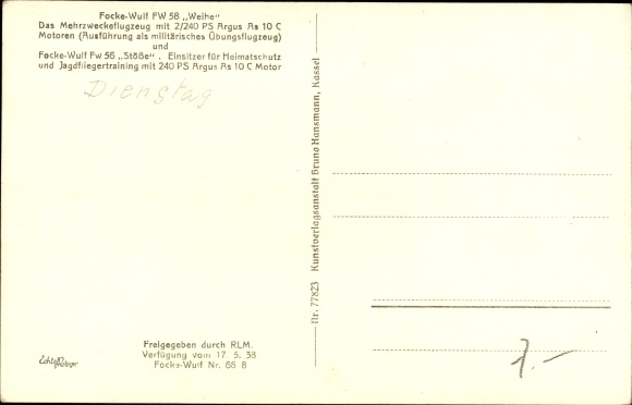 Postcard Focke-Wulf Fw 58, Weihe, Fw 56, ram, combat aircraft, Luftwaffe