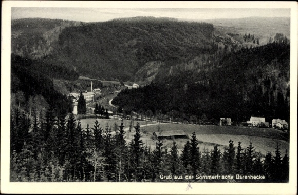 Postcard Bärenhecke Johnsbach Glashütte in the Eastern Ore Mountains, mountain landscape, forest, road, houses, greetings from