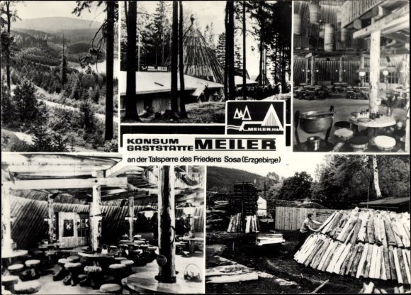 Postcard Sosa Eibenstock in the Ore Mountains, consumer restaurant Meiler, dam of peace