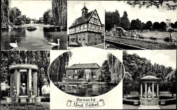 Ak Bad Vilbel in Hessen, zwembad, tempel, fontein, vakwerkhuis