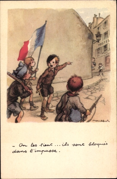 Künstler Ak Poulbot, Kinder mit französischer Fahne als Soldaten, Ligue nationale contre le taudis