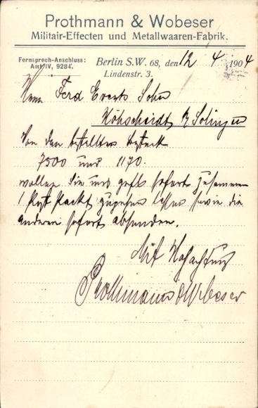 Ak Berlin Kreuzberg, Prothmann & Wobeser Militaire Effecten- en Metaalwarenfabriek, Lindenstraße 3