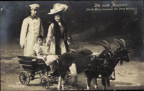 Postcard The first exit, crown prince couple with Prince Wilhelm, goat wagon, Gustav Liersch 1776