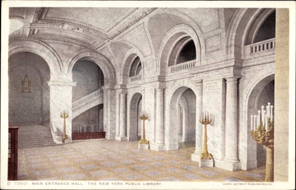 Postcard New York City USA, Library, Entrance Hall