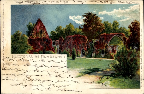 litho Nimbschen Böhlen Grimma in Saksen, zicht op de kloosterruïne, Bruno Bürger 2136