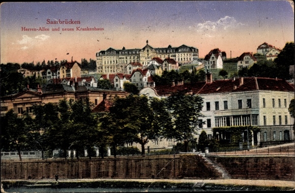 Postcard Saarbrücken in Saarland, Herrenallee and the new hospital