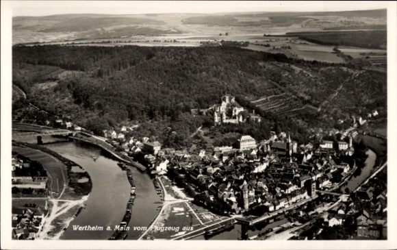 Postcard Wertheim am Main, aerial view of river and landscape, buildings