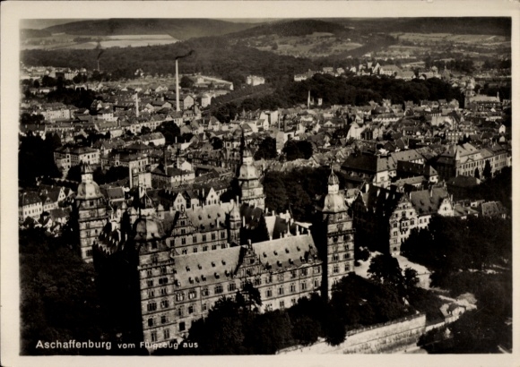 Postcard Aschaffenburg, aerial photograph of the castle