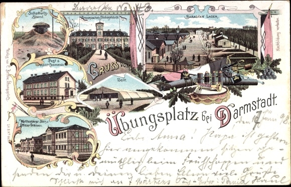 Chromo-Litho Darmstadt in Hesse, military training area, barrack camp, tent, post office, watch detail