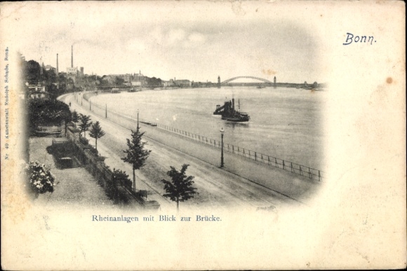 Postcard Bonn am Rhein, Rheinanlagen, view to the bridge,