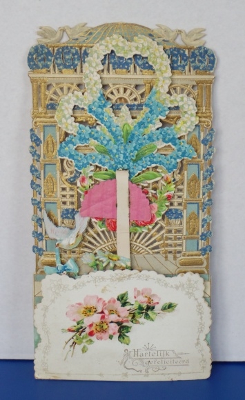 Scenery card 3D wafer standee, congratulations, heart of blossoms, flowers, dove, roses
