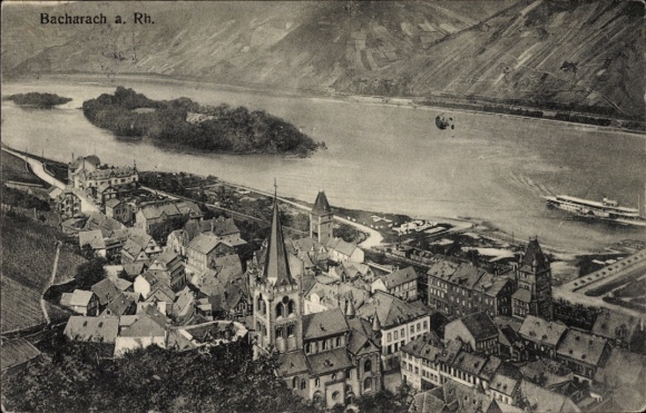 Postcard Bacharach am Rhein, Bacharach am Rhein, houses, river, church tower, mountains