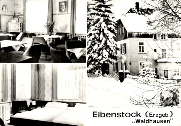 Postcard Eibenstock in the Ore Mountains Saxony, Eisenstock, Waldhausen, restaurant, winter landscape, sleep