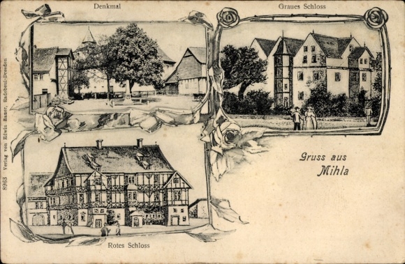 Passepartout Ak Mihla in Thüringen, Denkmal, Graues Schloss, Rotes Schloss
