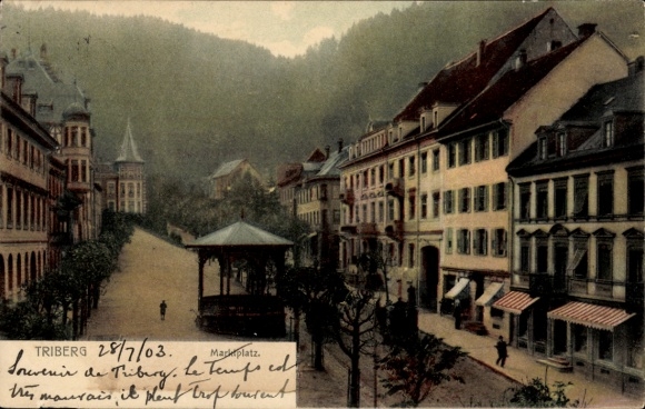 Ak Triberg im Schwarzwald, Marktplatz, historische Gebäude, Landschaft, Kiosk, Bäume