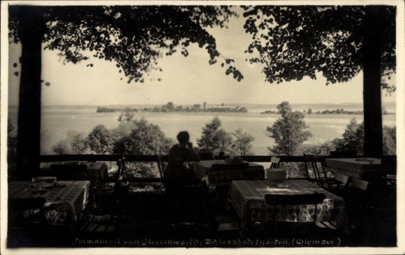 Postcard Frauenchiemsee Fraueninsel Chiemsee Upper Bavaria, view of the Chiemsee, table-covered garden