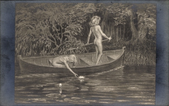 Art Nouveau kunstenaarskaart Fidus, waterlelies, kinderen, boot