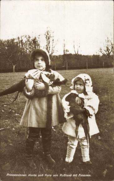Postcard Princesses Marie and Kyra of Russia with pheasants, portrait