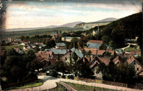 Postcard Bad Liebenstein in the Thuringian Forest, view of mountains in the background, an idyllic village