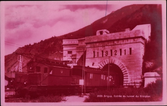 Postcard Brigue Brig Glis Canton of Valais, Entrance to the Simplon Tunnel, Simplon Tunnel, 1921, Railway