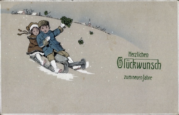 Postcard Happy New Year, children, sleigh