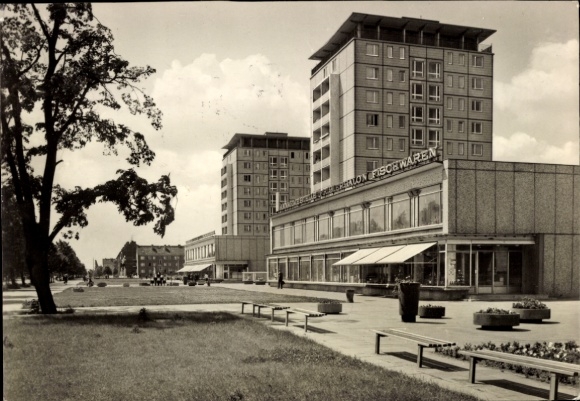 Postcard Halle an der Saale, high-rise buildings on Leninallee, city view of Halle, posters