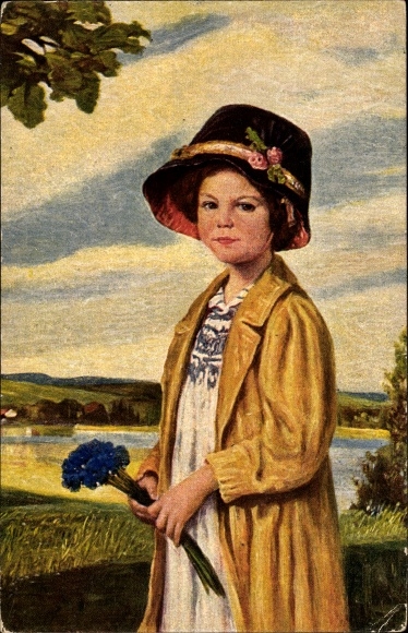Artist Postcard Max, C., cornflowers, child portrait, hat