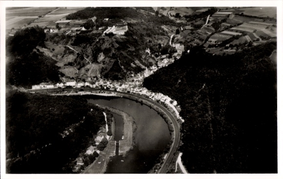 Postcard Balduinstein an der Lahn, aerial photograph of Balduinstein, Lahn, gardening school, Schwalbenst