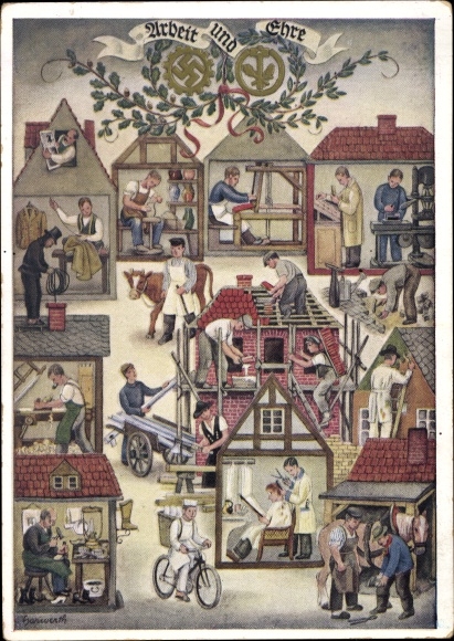 Artist PC Reichs Handwerkertag 1936, work and honor, hairdresser, baker, potter, chimney sweep