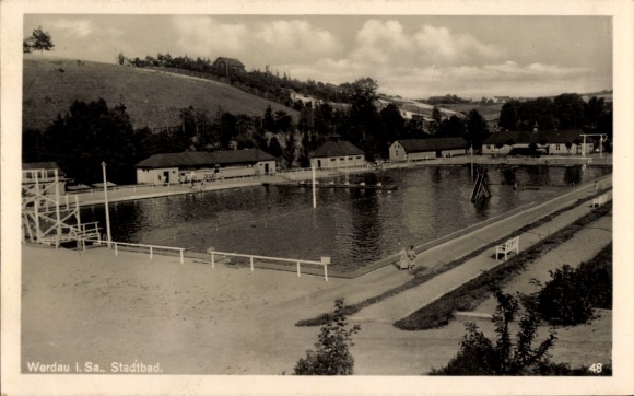 Postcard Werdau in Saxony, public bath, swimming pool