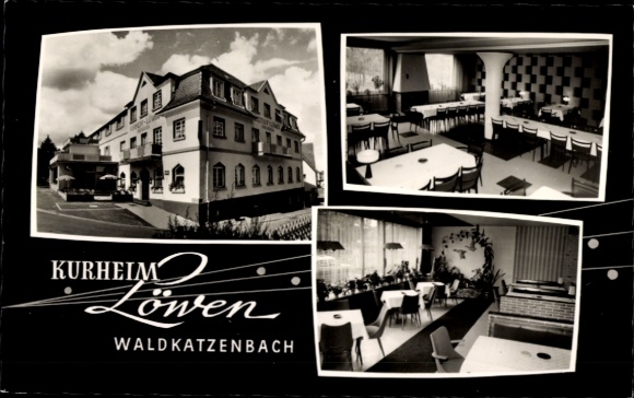 Ak Waldkatzenbach Waldbrunn im Odenwald, Hotelansicht, Esszimmer, Wohnzimmer, Kurheim Löwen