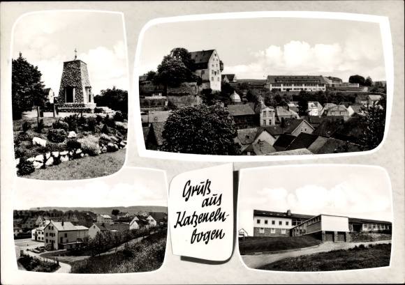 Postcard Katzenelnbogen im Taunus, partial view, memorial, building