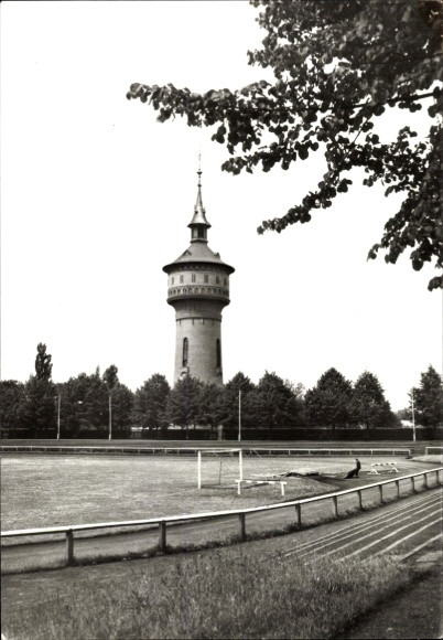 Postcard Forst in the Lusatia, water tower, stadium, black and white photo