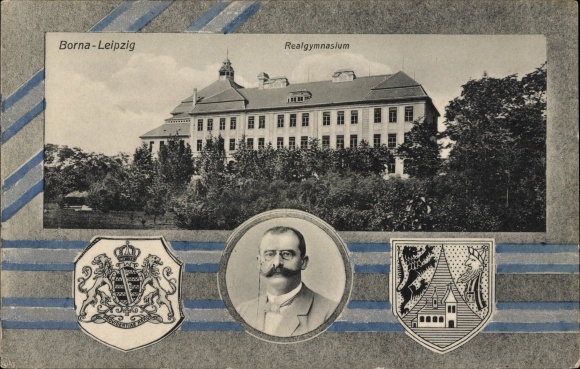 Coat of arms Postcard Borna in Saxony, secondary school, teacher