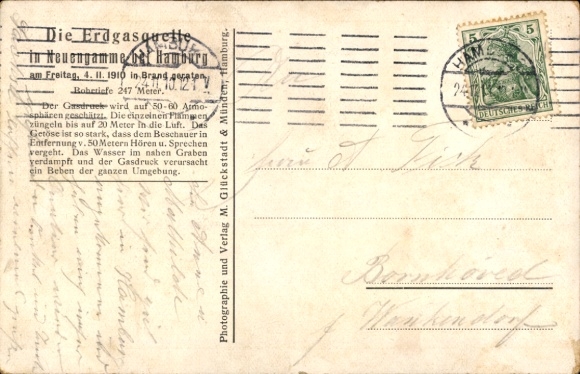 Postcard Hamburg Bergedorf Neuengamme, natural gas source, caught fire 4.11.1910