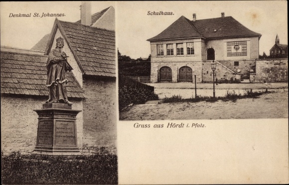 Postcard Hördt in der Pfalz, school building, monument to St. John