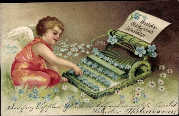 Chromo-Litho congratulations birthday, angel with typewriter, forget-me-not