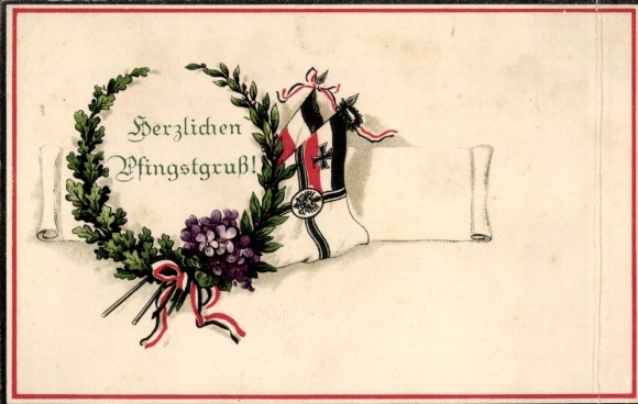 Ak-groet van Treysa, eikenkrans, laurier, vlaggen