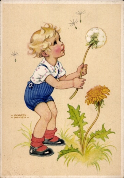 Artist Postcard Lungershausen, Ilse Wende, birthday greetings, boy with a dandelion, dandelion