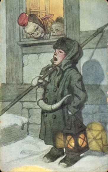 Artist Postcard Beithan, Emil, Little boy as night watchman, Schwalm girl
