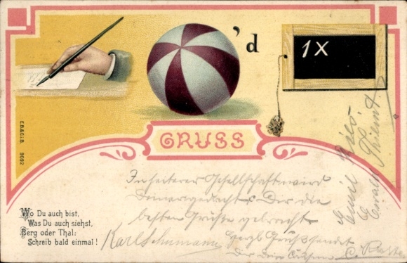 Rebus Postcard puzzle, ball, writing person, fountain pen, blackboard