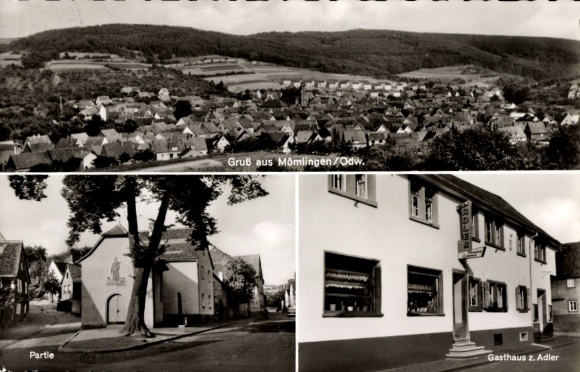 Postcard Mömlingen in the Odenwald Lower Franconia, total view, Gasthaus zum Adler