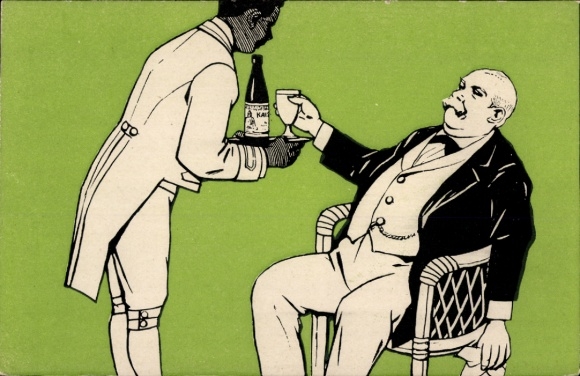 Postcard advertisement, Kaiserbrunnen table water, fat man, servant